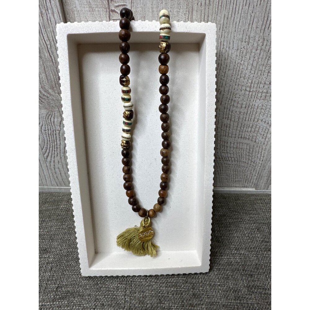 Melvin Wooden Beads Boho Good Fortune Necklace With Gold-Tone Charms & Tassel